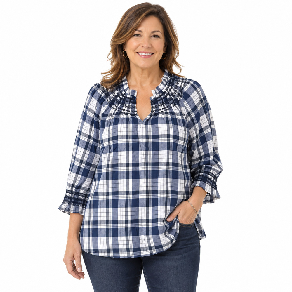 Talbots Petite Blue Smocked Plaid 3/4 Sleeve 100% Cotton Lightweight Top Shirt L